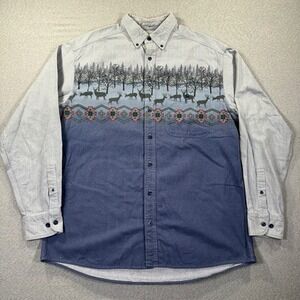 Cabelas Chamois Shirt Mens Large Tall LT Blue Deer Scenic Flannel Deerskin Soft